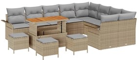 Conjunto de Sofá de Jardim de 13 Peças com Almofadas Bege Rattan Polié