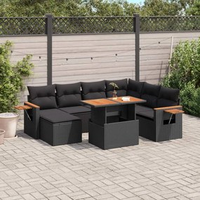 8 pcs conjunto sofás de jardim com almofadões vime PE preto
