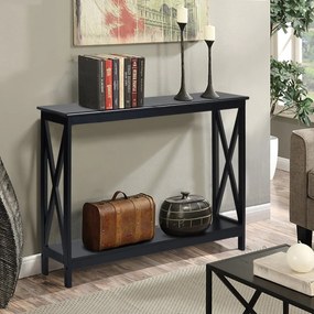 Mesa consola rústica com 2 níveis e prateleira em X para entrada, corredor e sala 100 x 30 x 80 cm preta
