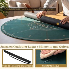 Tapete de póquer redondo 120 cm para Texas Hold'em com base em borracha antiderrapante, dobrável, com bolsa de transporte para 8 jogadores, verde