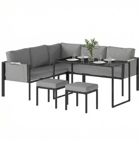 Conjunto de jardim com sofá de canto para exterior, 6 peças, almofadas de 10 cm, mesa alta e 2 apoios para os pés, cinzento