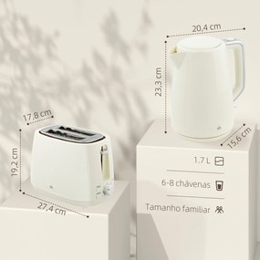 Conjunto de Torradeira e Jarro de Água Elétrico de Aço Inoxidável 2200W 1,7L Torradeira de Pão 2 Fatias 3 Funções Creme