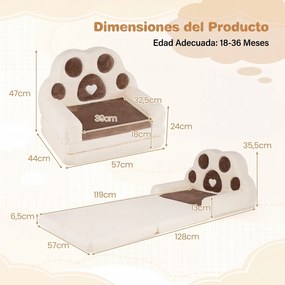 Sofá-Cama Infantil em Forma de Pata de Urso, 57 x 44 x 47 cm, Convertível em Colchoneta, Castanho