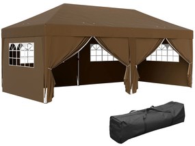 Outsunny Tenda Dobrável 5,90x2,95 m Tenda de Jardim com 6 Paredes Laterais Impermeável Anti-UV e Bolsa de Transporte Marrom