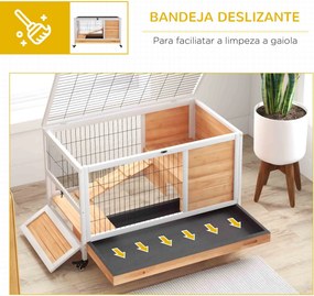 Coelheira de Madeira Gaiola de para Pequenos Animais Portátil com Teto Abatível Rampa Bandeja Amovível 90x53x59cm Madeira