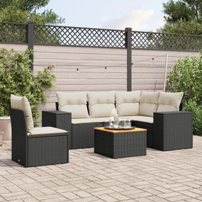 6 pcs conjunto sofás de jardim c/ almofadões vime PE preto