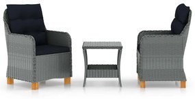 vidaXL 3 pcs conj. lounge jardim c/ almofadões vime PE cinzento-claro