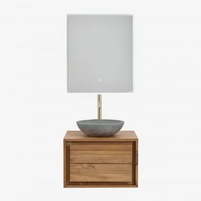 Conjunto De Móvel De Casa De Banho Suspenso Em Madeira De Teca Jabari Madeira De Teca & Cimento Cinzento Redondo Ø40 Cm Tarsis & Led - Sklum