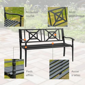 Banco de jardim de 2 lugares 128 x 62,5 x 81,5 cm, para exterior, terraço ou pátio, encosto alto, assento com ripas, braços confortáveis, aço, preto