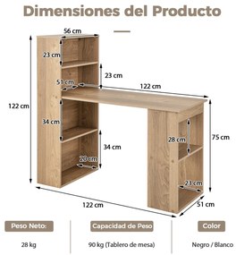 Secretária de computador com Estante de arrumação Secretária reversível para escritório 122 x 51 x 122 cm Natural