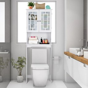 Armário de armazenamento sobre a sanita com prateleira ajustável e porta de vidro duplo 60 x 21,5 x 170,5 cm branco