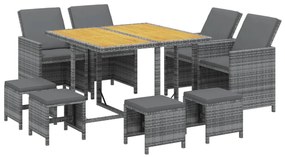 9 pcs conjunto jantar p/ jardim c/ almofadões vime PE cinzento