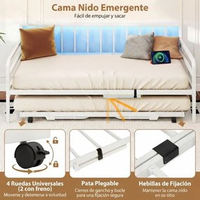 Sofá-cama individual com luzes LED205 x 90 x 96,5 cm (COLCHÕES NÃO INCLUIDOS), base metálica e cama extra extraível, estação de carregamento integrada