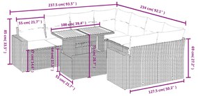 9 pcs conjunto sofás p/ jardim com almofadões vime PE cinzento
