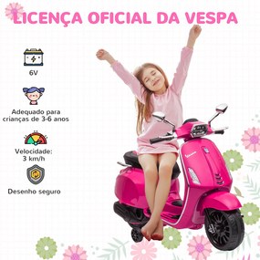 Moto Elétrica para Crianças com Licença Vespa 6V com USB MP3 Luz LED Rádio FM  Velocidade 3 km/h 107x47x73 cm Rosa