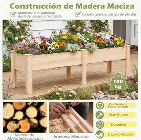 Floreira elevada de madeira retangular 240 x 43,5 x 51,5 cm com pés e orifícios de drenagem para horta urbana exterior, ideal para legumes e flores –