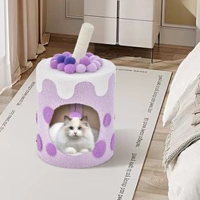 Arranhador para gatos em forma de chá de bolhas Torre para gatos com poste de arranhar em sisal e bola suspensa 67 x 37 x 37 cm roxo e branco