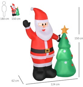 Pai Natal Inflável com Árvore de Natal com 3 Luzes LED e Inflador Elétrico Decoração de Natal para Exteriores Interiores 124x62x150cm Multicor