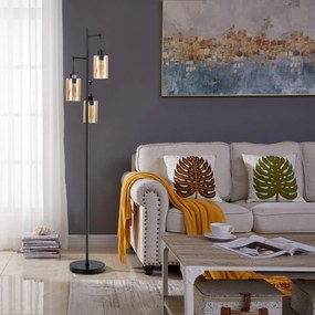 Candeeiro de pé com abajur de vidro âmbar de 3 cabeças, interruptor de pé, base de metal para quarto, 24,5 x 164 cm, preto