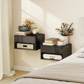 Conjunto de 2 Mesas de Cabeceira de Parede Mesas de Cabeceira Gaveta Compartimento Aberto Tampo 37x32x21 cm Preto