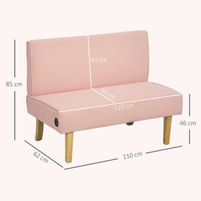 Sofá de 2 Lugares Estofado em Veludo Cotelê Sofá Sala de Estar com 2 Entradas USB 1 Entrada Tipo C 110x60x85 cm Rosa