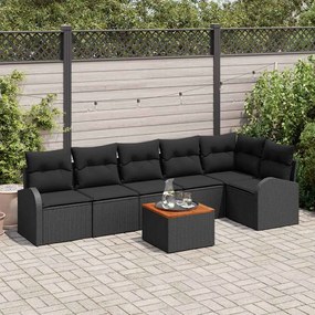 Conjunto de Sofás de Jardim vidaXL 7 Peças com Almofadas Preto Vime Poliéster Acácia