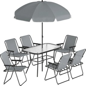 Conjunto de Mesa e Cadeiras de Jardim de 8 Peças com Chapéu de Sol 6 Cadeiras Dobráveis e Mesa de Vidro Cinza
