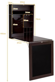 Secretária compacta para computador dobrável de parede com quadro ajustável 87 x 60 x 150 cm castanho