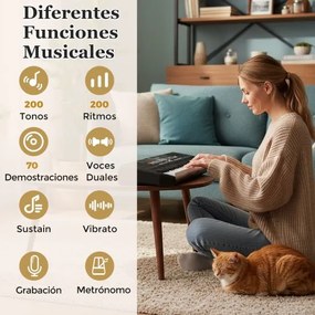 Teclado eletrónico de 61 teclas para principiantes com suporte e banco ajustáveis 200 ritmos e tons 70 demos para todas as idades Preto