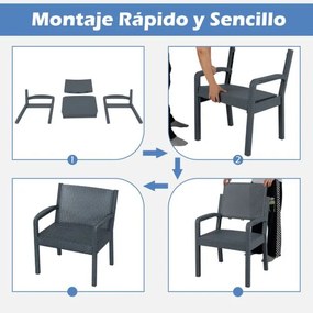 Conjunto de móveis de jardim de 3 peças com 2 cadeiras de rattan e mesa auxiliar de rattan PP Cinzento