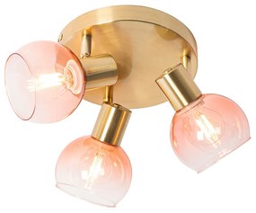 Refletor de teto Art Déco dourado com vidro rosa 3 luzes - Vidro Art Deco