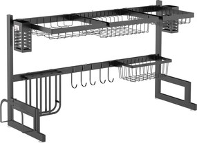 Escorredor de pratos de 2 níveis com porta-facas e suporte para tábua de cortar, 93 x 30 x 52,5 cm, aço preto