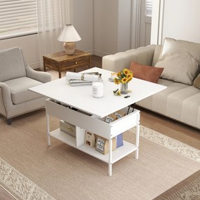 Mesa de centro 98 x 49 x 55 cm elevável e extensível, com compartimento oculto e prateleiras abertas, branca