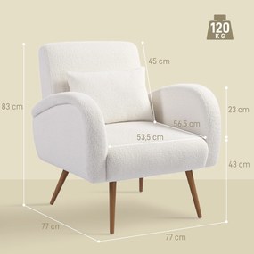 Poltrona em Tecido Teddy com Almofada Lombar Amovível e Pés Metálicos Efeito Madeira para Quarto, Creme