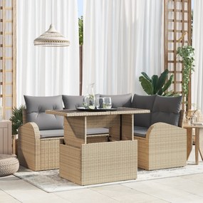 vidaXL Conjunto de Sofá de 5 Peças para Jardim com Almofadas em Vime Poliéster Bege