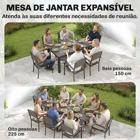 Conjunto de Mesa e Cadeiras de Jardim com Mesa Extensível Estrutura de Alumínio 8 Cadeiras e Tampo de Ripas de Madeira Plástica