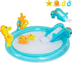 Piscina insuflável 207 x 168 x 77 cm infantil com escorrega, pulverizador, cavalo-marinho e conjunto de aros com tema marítimo para crianças dos 2 aos