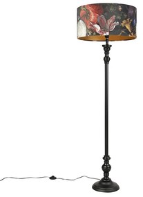 Candeeiro de pé preto com abajur de veludo flores dourado 50 cm - Classico Clássico / Antigo