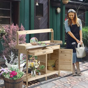 Mesa de jardinagem com 2 prateleiras, gaveta, armário, tabuleiro de chapa de aço galvanizado com rebordo, 3 ganchos em madeira de abeto