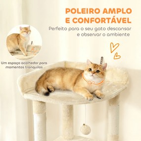 Arranhador para Gatos Grande com 7 Postes 1 Túnel 3 Plataformas 2 Cavernas 1 Rede 1 Poleiro 1 Rampa Pompons 60x40x170 cm Bege