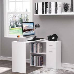 HOMCOM Secretária de Canto Secretária Giratória 180º com 2 Prateleiras 1 Gaveta 1 Armário para Escritório Casa 117x82x74cm Branco