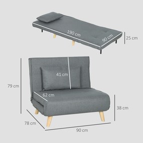 Poltrona 2 em 1 Sofá Cama Individual Dobrável com Encosto Ajustável e Almofada Carga 125 kg 90x78x79 cm Cinza