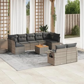 10 pcs conjunto sofás de jardim c/ almofadões vime PE cinzento