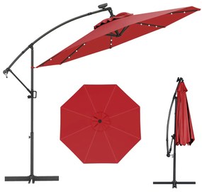 Guarda-sol exterior de 3 m com rotação de 360° e 32 com luzes LED Ajuste fácil da inclinação Manivela vermelha