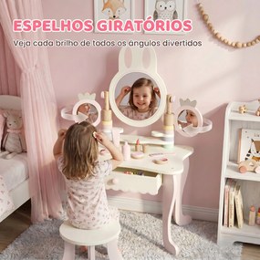 Toucador Infantil de Maquilhagem com Banco Espelhos Giratórios Gaveta e Acessórios e Bandejas Rosa +3 Anos