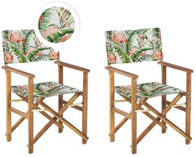 Conjunto 2 cadeiras de jardim madeira clara e 2 lonas cinzentas e padrão flamingo CINE Beliani