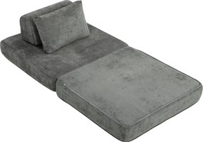 Sofá-cama dobrável 2 em 1, poltrona individual, convertível em chenille, almofada grossa, encosto e almofada de cabeça, cinzento