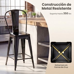 Conjunto de 4 Bancos de Bar com Encosto Alto, 45,5 x 44,5 x 103 cm, Estrutura Metálica Robusta, Preto