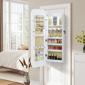 Armário para joias com espelho 42 cm x 10 cm x 107,5 cm e 6 luzes LED de parede ou porta com fecho Espelho arredondado branco