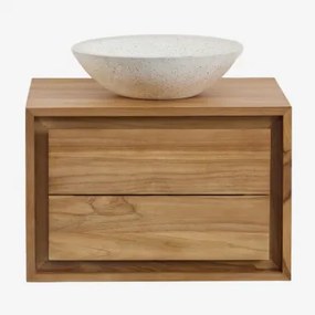 Conjunto De Móvel De Casa De Banho Em Madeira De Teca Jabari Madeira De Teca & Cimento Redondo Branco Ø40 Cm Zavion & Sem Espelho & Sem Torneira -